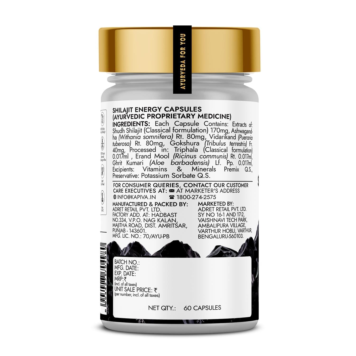 Kapiva Shilajit/Shilajeet Energy 60 Capsules | Made with 100% Pure Shilajit | For All Day Energy & Stamina | With Ashwagandha,Gokshura | Contains 12 Vitamins & 13 Minerals