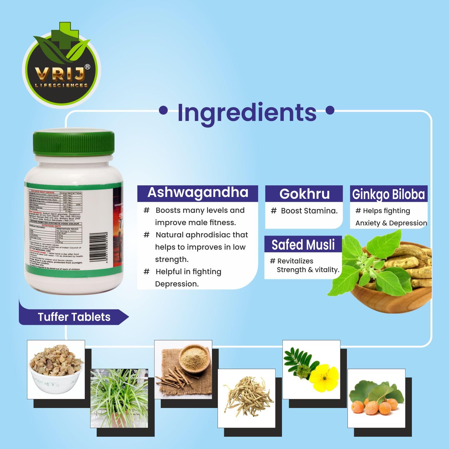 Tuffer Tablets — Shilajit/Shilajeet for Men | Boost Muscle Growth & Stamina for Men | Ayurvedic Enriched with Ashwagandha, Safed Musli, Gokshura & Essential Vitamins | Herbal Energy Supplement - (20-Tablet)