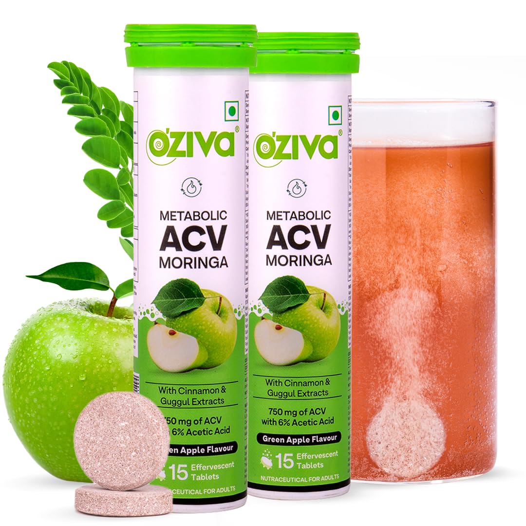 OZiva ACV Moringa | Control Cravings I Apple Cider Vinegar, Cinnamon, Guggul I No Maltodextrin & No Added Sugar I 15 Effervescent Tablets - Green Apple, Pack of 4 (60 tablets).