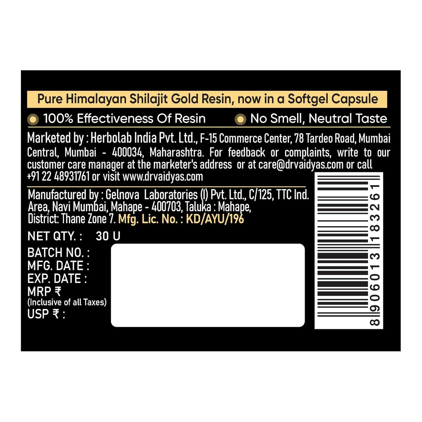 Dr. Vaidya's Herbo24Turbo Shilajit Gold Resin Softgel Capsules | 30 Ayurvedic Capsules for Strength, Stamina & Energy in Men | Enriched with Pure Shilajit for Men & 24K Gold Bhasma (Pack of 1)