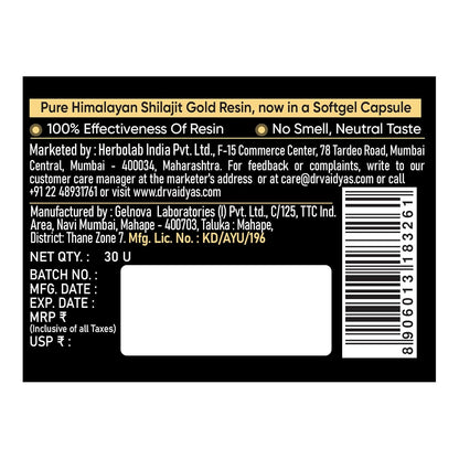 Dr. Vaidya's Herbo24Turbo Shilajit Gold Resin Softgel Capsules | 30 Ayurvedic Capsules for Strength, Stamina & Energy in Men | Enriched with Pure Shilajit for Men & 24K Gold Bhasma (Pack of 1)