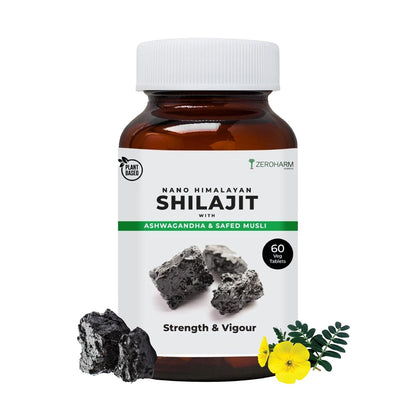 ZEROHARM Nano Himalayan Shilajit With Ashwagandha, Safed Musli & Goksura 60 Veg Tablets, Energy Booster, Stamina, Vigour, Endurance & Performance supplements