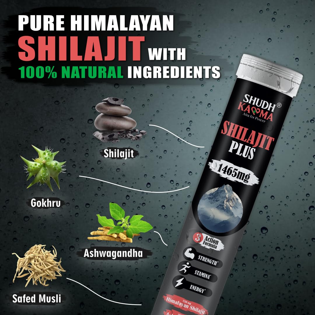 Shudh Kaama Original Himalayan Shilajit (750mg) Effervescent with Ashwagandha, Gokshura & Safed Musli for Strength & Muscle Gain - (Pack of 2) 40 Tablets