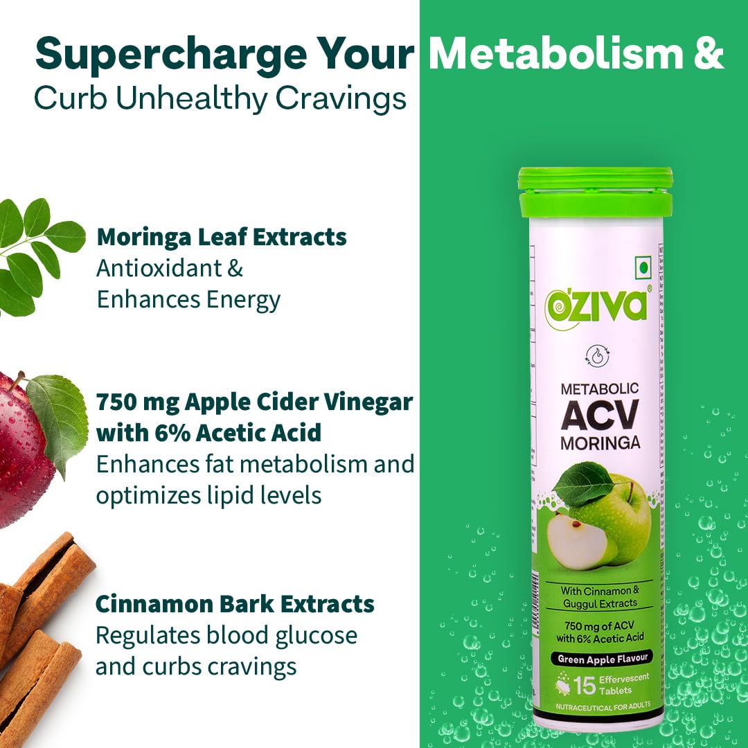 OZiva ACV Moringa | Control Cravings I Apple Cider Vinegar, Cinnamon, Guggul I No Maltodextrin & No Added Sugar I 15 Effervescent Tablets - Green Apple, Pack of 4 (60 tablets).