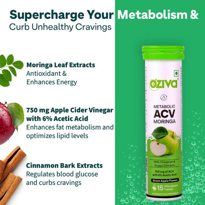 OZiva ACV Moringa | Control Cravings I Apple Cider Vinegar, Cinnamon, Guggul I No Maltodextrin & No Added Sugar I 15 Effervescent Tablets - Green Apple, Pack of 4 (60 tablets).