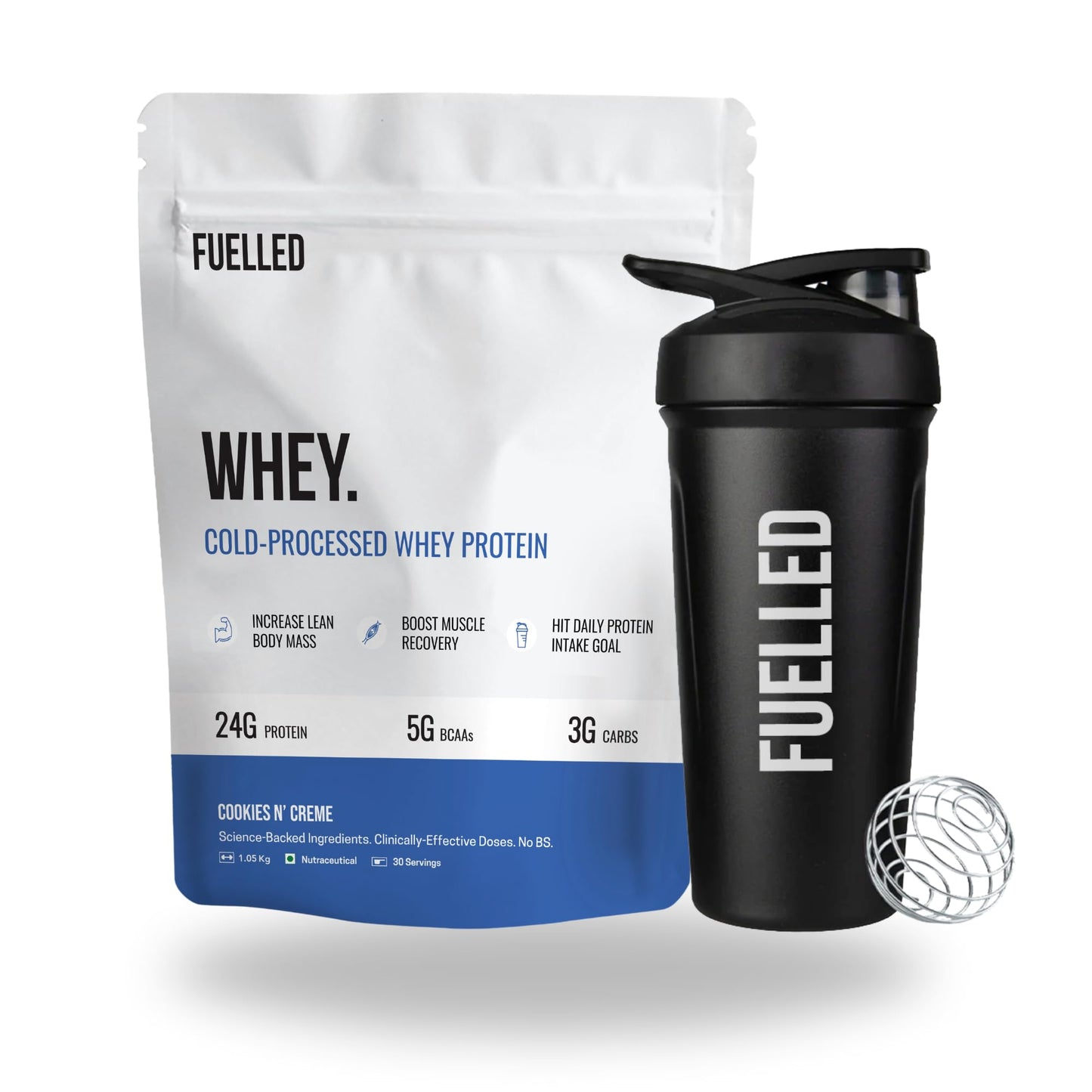 FUELLED Whey Protein Powder Concentrate & Isolate with 24 g Protein, 5 g BCAA (1 kg, 30 Servings) Lab Tested (Mango Ice Cream)