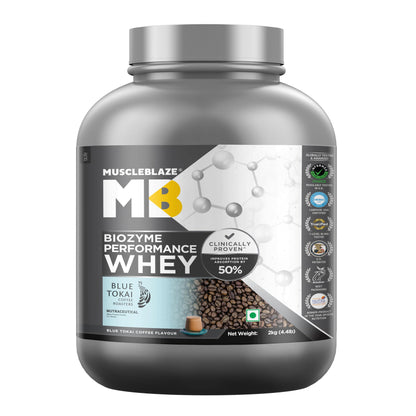 MuscleBlaze Biozyme Performance Whey Protein Powder, Chocolate Hazelnut (2kg / 4.4lbs) | 25g Protein Per Scoop | Clinically Tested 50% Higher Protein Absorption