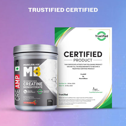 MuscleBlaze Micronised Creatine Monohydrate CreAMP Powder, Juicy Berries (80 Servings, 320g) | Trustified Certified Creatine