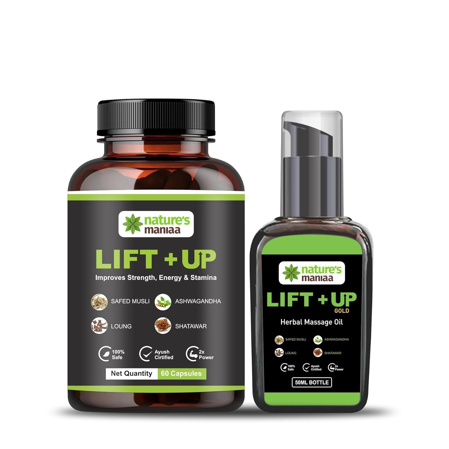 Nature's Maniaa Lift-Up Natural Massage Oil 50 ml And Lift Up Capsule 60 Pies With Pure and Natural Ingredients, No side Effects