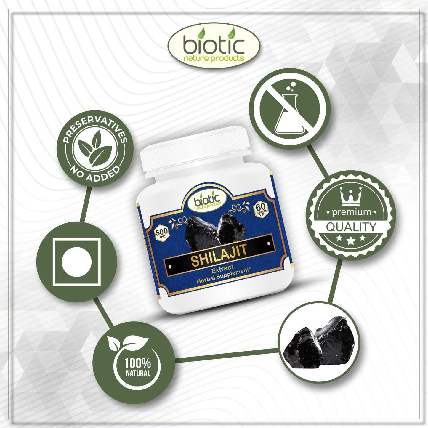 Biotic Natural Shilajit Capsules - Shilajeet Extract 500mg - 120 Veg Capsules