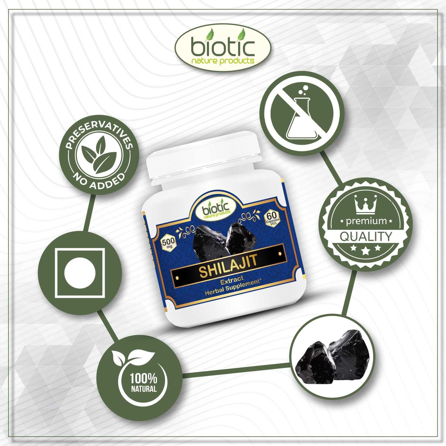 Biotic Natural Shilajit Capsules - Shilajeet Extract 500mg - 120 Veg Capsules