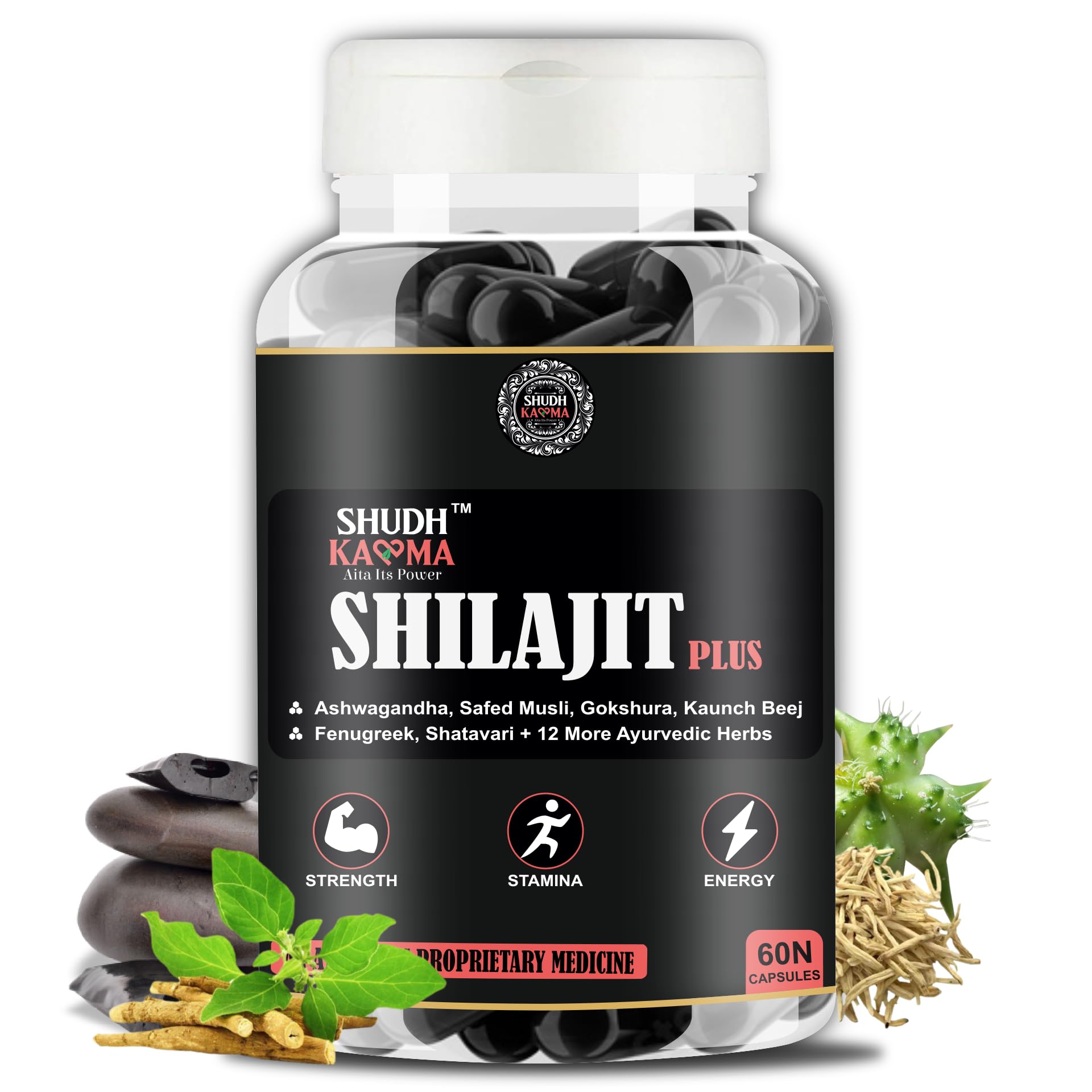 Shilajit Plus Ayurvedic Supplement with 18 Herbs including Shilajit, Ashwagandha and Safed Musli for Strength & Stamina - 180 Capsules
