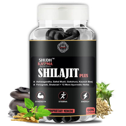 Shilajit Plus Ayurvedic Supplement with 18 Herbs including Shilajit, Ashwagandha and Safed Musli for Strength & Stamina - 180 Capsules