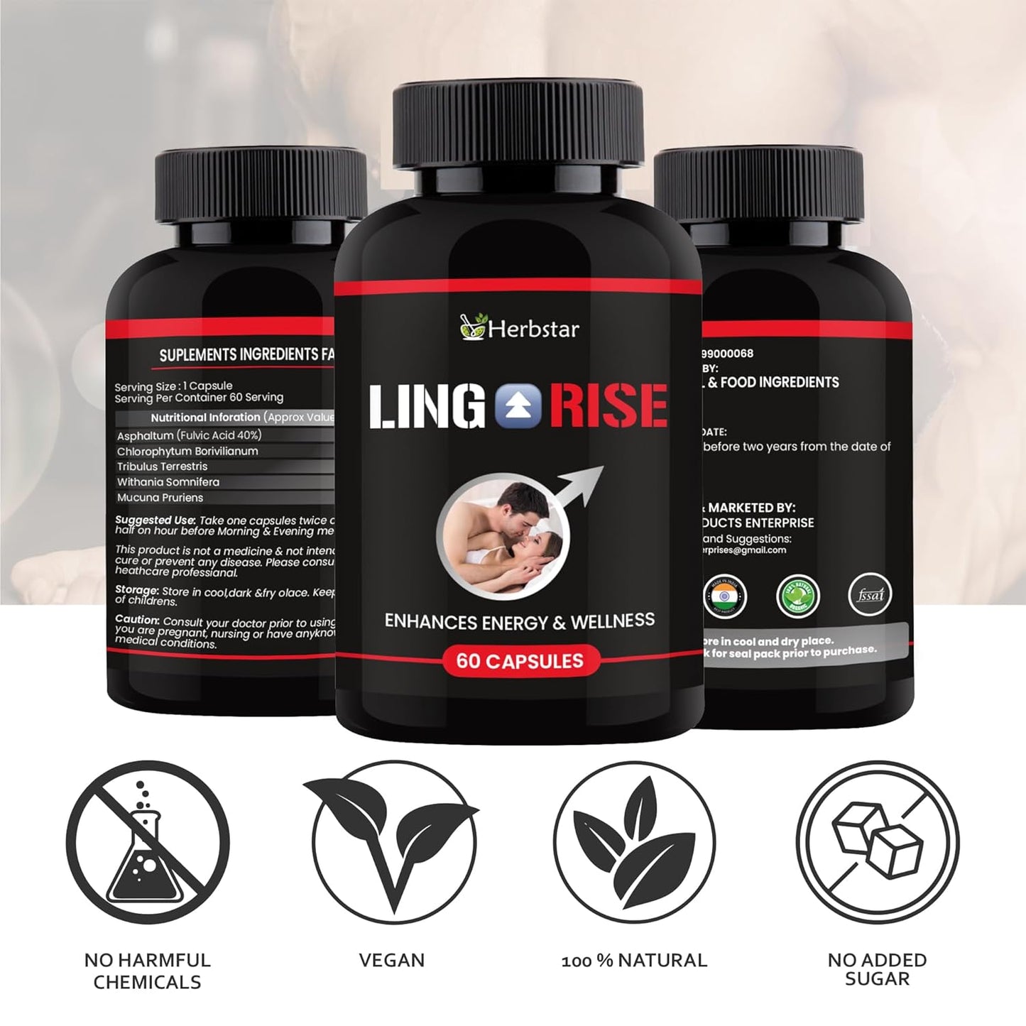 Ling Rise Combo Pack | Ayurvedic Capsules & Massage Oil for Men | Long Mota Lamba Support, Strength & Power Booster | With Ashwagandha, Safed Musli & Shilajit – 60 Capsules + 30ml Oil