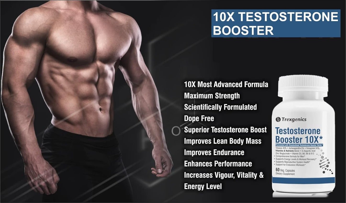Trexgenics Testogen-10X Synergistic Action with Ashwagandha withanolides, Fenugreek & Tribulus saponins, Boron Glycinate,Zinc,Aspartic acid,D3,B6,B9,B12(60 Veg capsules)