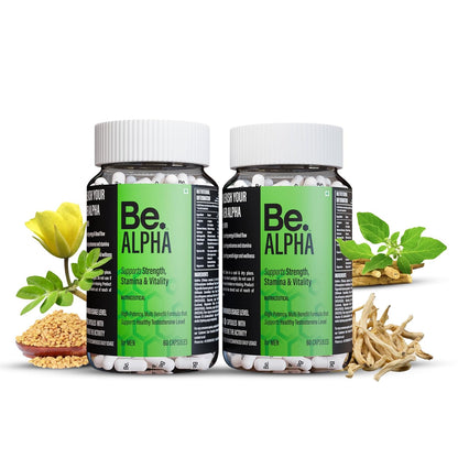 Be. Alpha Testosterone Support for Men | Daily Magnesium Supplement, Ashwagandha, Safed Musli, Fenugreek, Gokhshura & Ginseng | For Energy, Stamina, Vitality & Muscle Mass | (120 capsules)