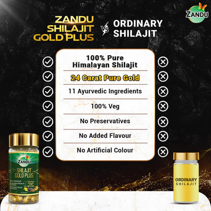 Zandu Shilajit/Shilajeet Gold Plus Capsules IBoosts Stamina, Strength & Energy in 28 Days | 60 Capsules I 100% Pure Himalayan Shilajit with 24K Gold Bhasma