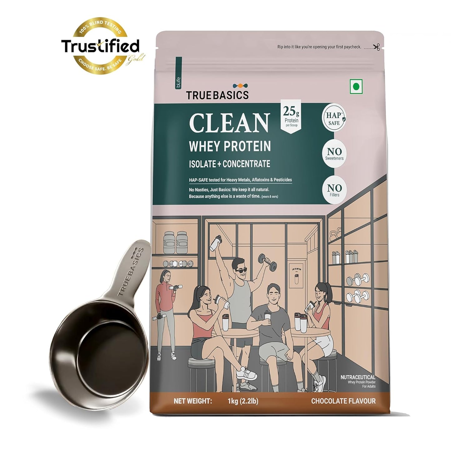 TrueBasics Clean Whey Protein Powder Isolate & Concentrate Blend (Chocolate, 1kg) | 25g Protein per Scoop
