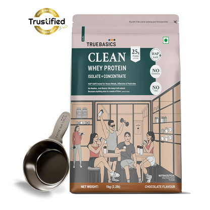 TrueBasics Clean Whey Protein Powder Isolate & Concentrate Blend (Chocolate, 1kg) | 25g Protein per Scoop