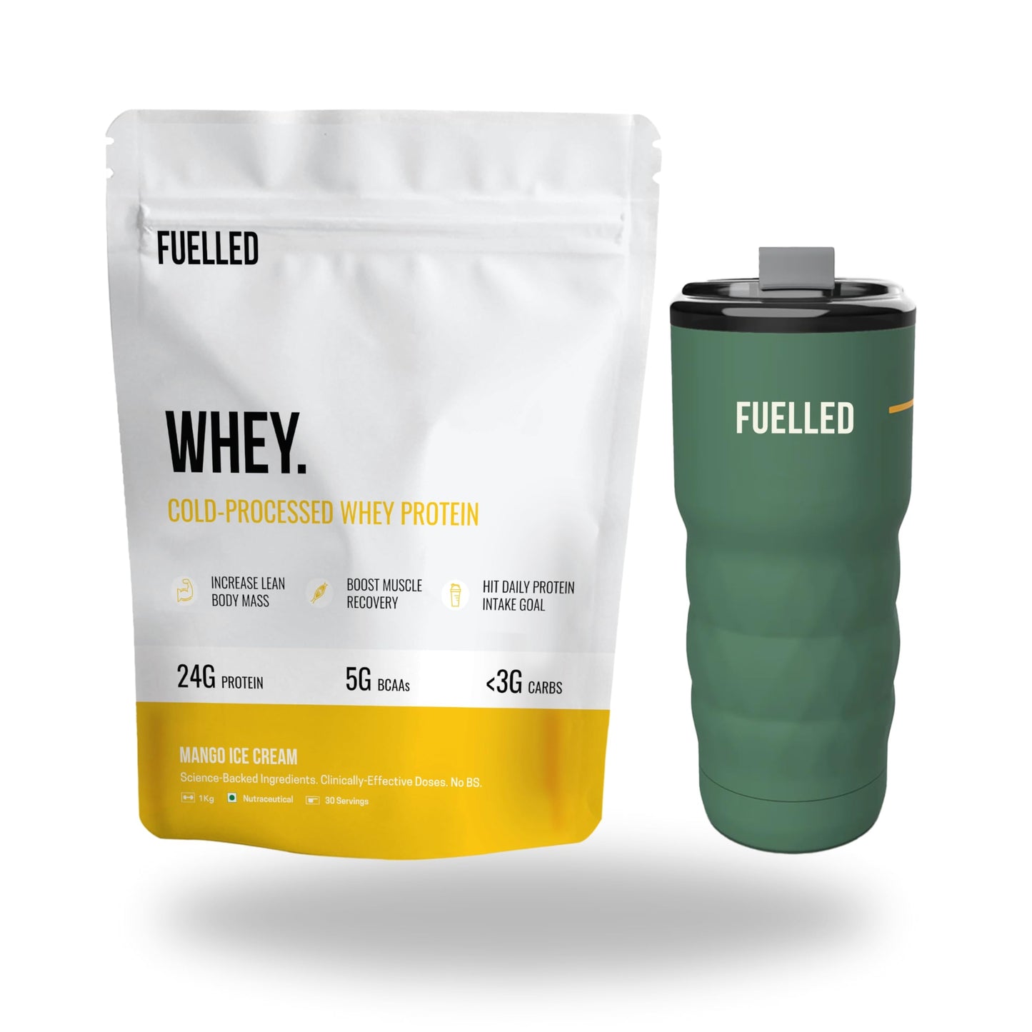 FUELLED Whey Protein Powder Concentrate & Isolate with 24 g Protein, 5 g BCAA (1 kg, 30 Servings) Lab Tested (Mango Ice Cream)