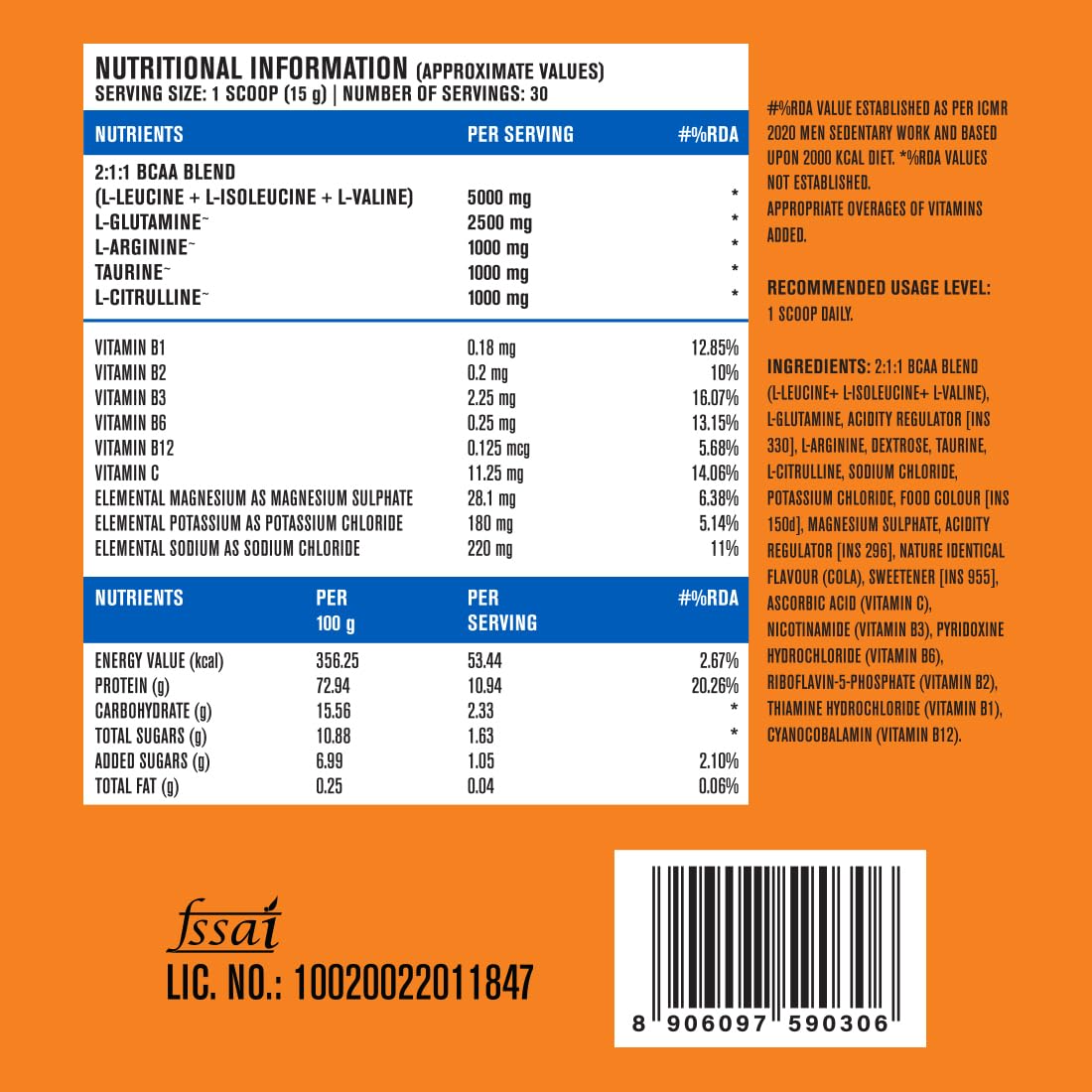 FAST&UP BCAA Cola Flavour Advanced BCAA Supplement with Glutamine, Citrulline, L-Arginine & Taurine - Pre/Post Workout & Intra Workout Supplement Powder for Adults(450gm, 30 Servings)