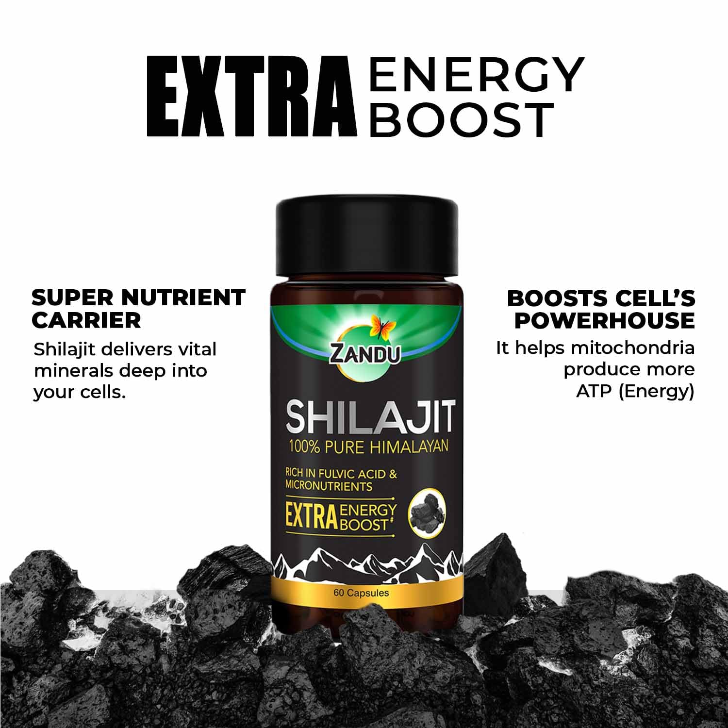 Zandu Shilajit Capsule, 60 capsules x Pack of 2, Original and Pure Himalayan Shilajeet, Boosts Immunity, Strength and Stamina.