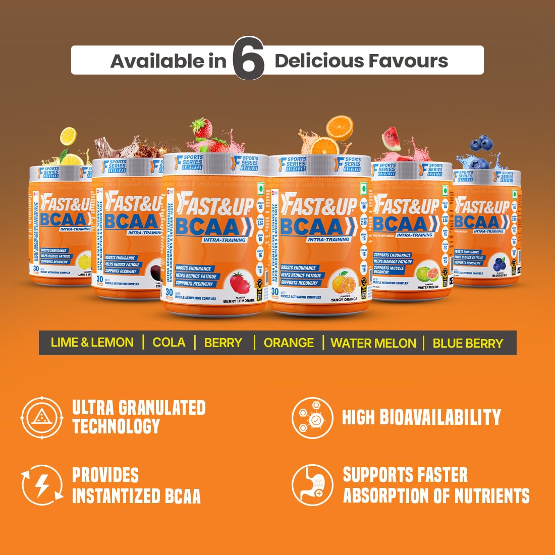FAST&UP BCAA Cola Flavour Advanced BCAA Supplement with Glutamine, Citrulline, L-Arginine & Taurine - Pre/Post Workout & Intra Workout Supplement Powder for Adults(450gm, 30 Servings)
