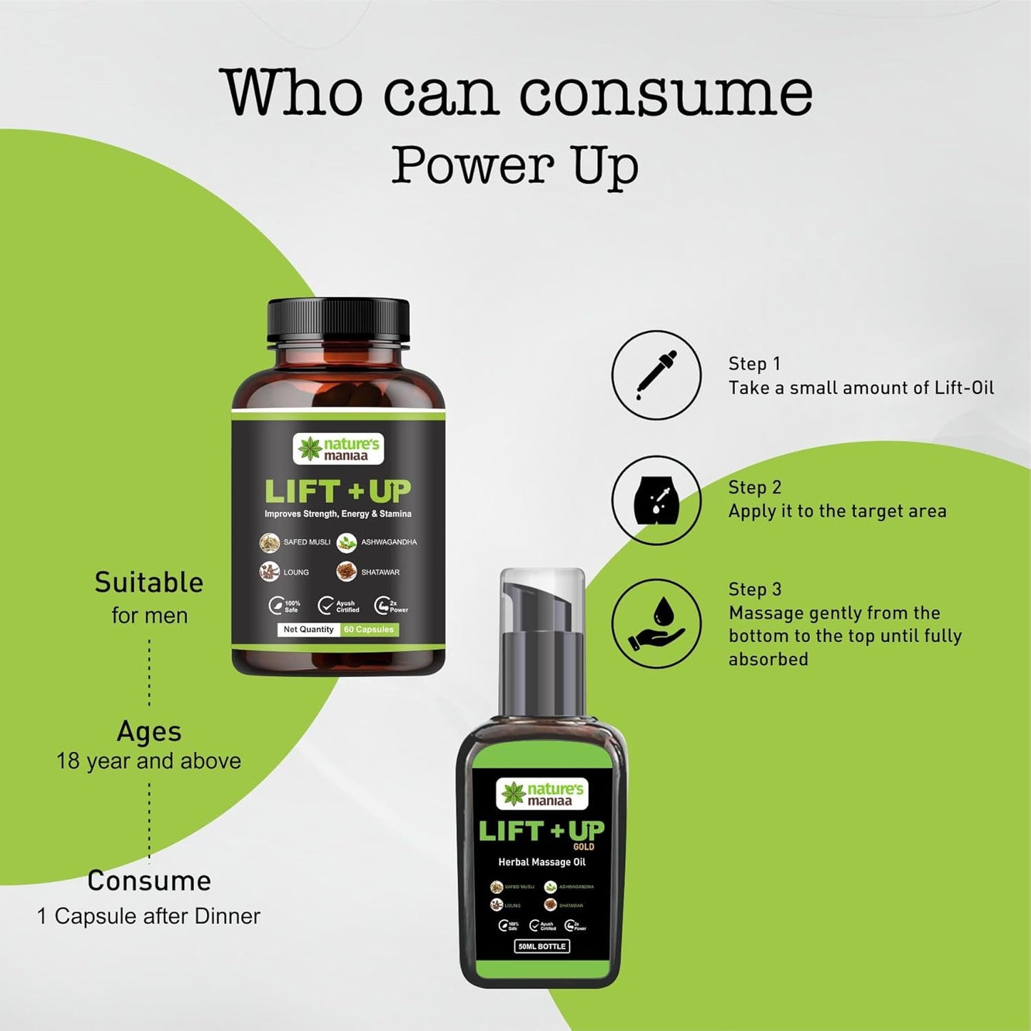 Nature's Maniaa Lift-Up Natural Massage Oil 50 ml And Lift Up Capsule 60 Pies With Pure and Natural Ingredients, No side Effects