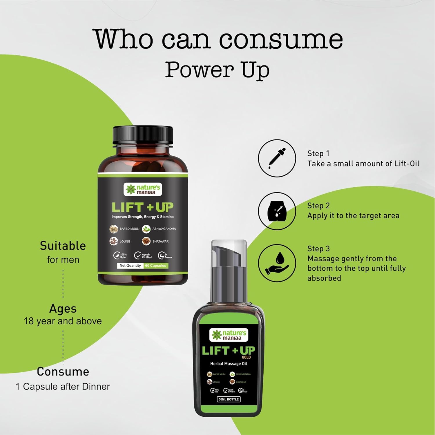 Nature's Maniaa Lift-Up Natural Massage Oil 50 ml And Lift Up Capsule 60 Pies With Pure and Natural Ingredients, No side Effects