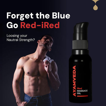 AyamVeda iRed Ayurvedic Massage Oil for Men with 60+ Herbs like Ashwagandha & Shilajit | 100% Natural | 60 ml (30 ml x 2 Bottles)