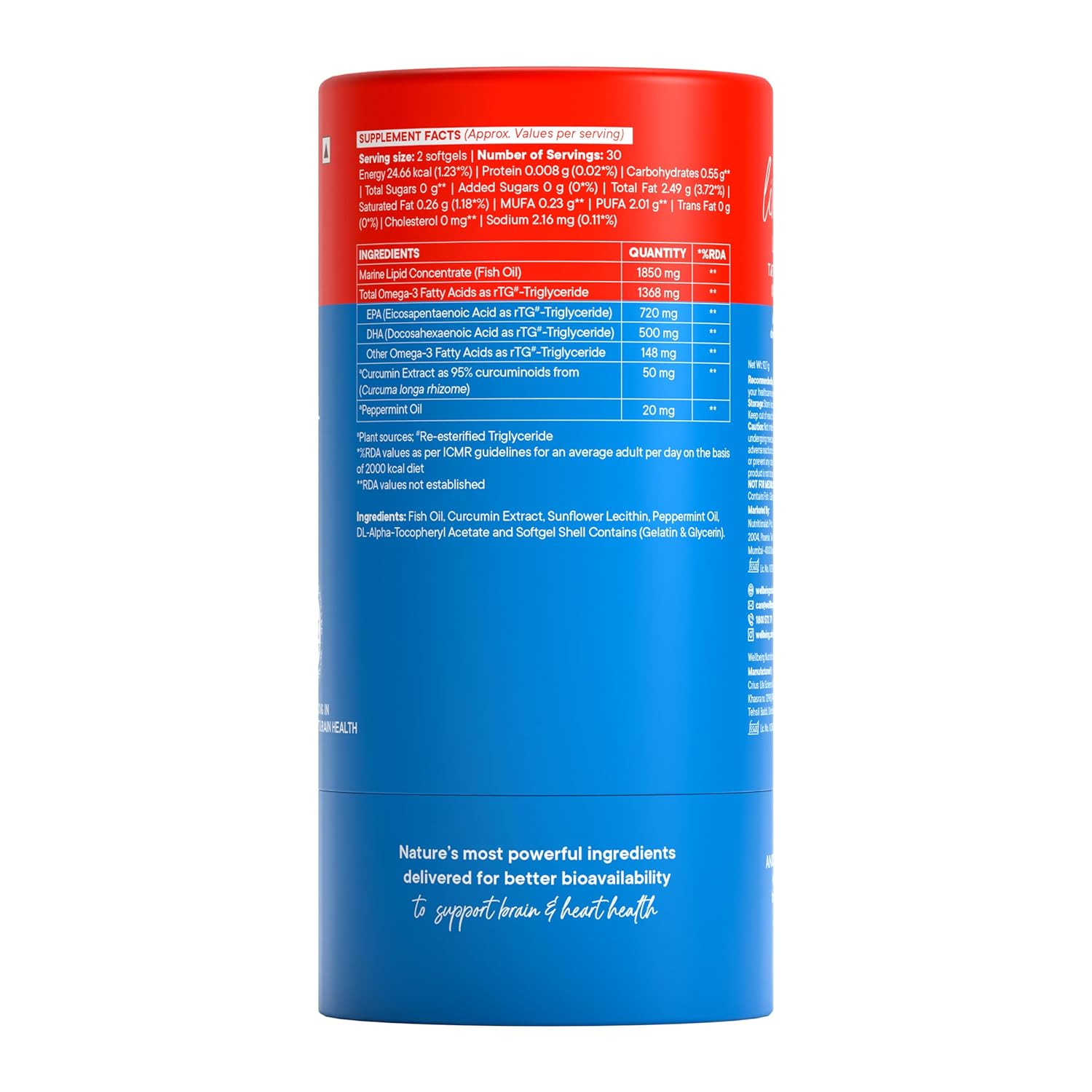 Wellbeing Nutrition Slow 4x Strength Omega 3 Fish Oil Capsules | 1850mg with EPA 720mg, DHA 500mg & Curcumin for Men & Women | No Fishy Burp | For Brain, Heart, & Joint Health, 60 Capsules