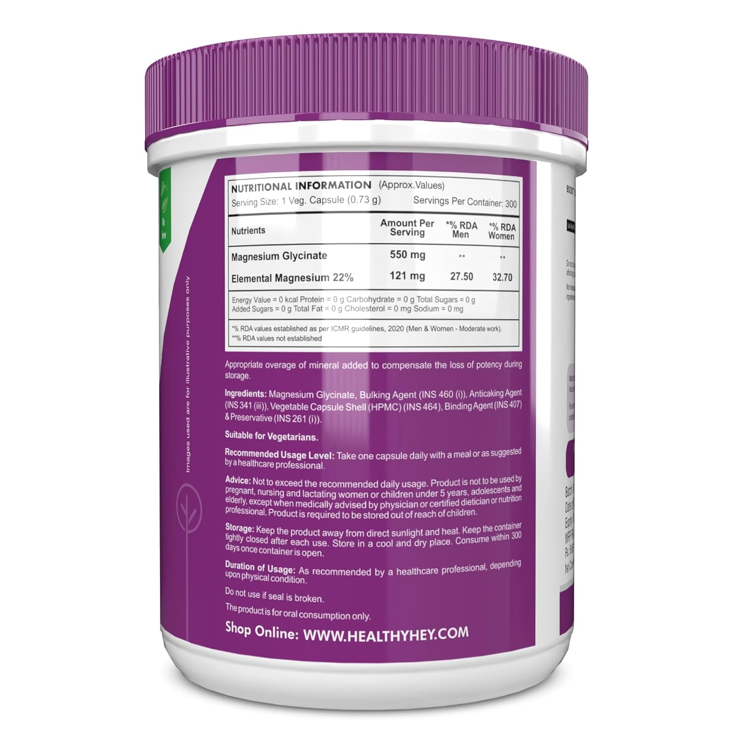 HealthyHey Nutrition Magnesium Glycinate High Absorption for Sleep, Cramps, & Nerves Health -300 Vegetable Capsules