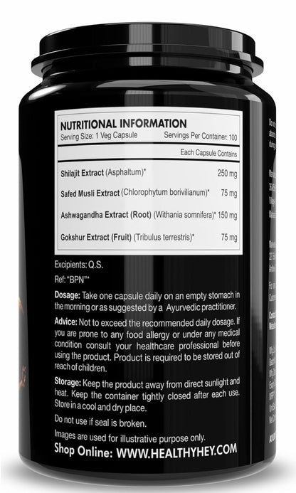 HealthyHey Nutrition Shilajit with Safed Musli, Tribulus and Ashwagandha -100 Vegetable Capsules