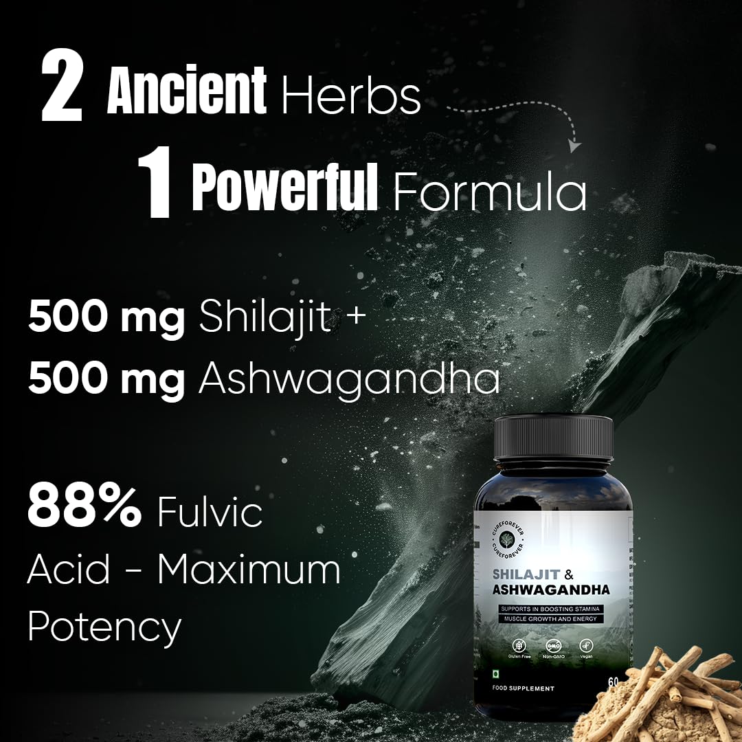 CUREFOREVER Shilajit & Ashwagandha Tablets 1000mg/Serving - Natural Ayurvedic Formula to Support Energy, Muscle Growth & Stamina, Natural Stress Relief Tablets | Himalyan Shilaijt/Shilajeet for Men