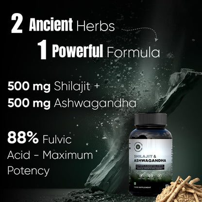 CUREFOREVER Shilajit & Ashwagandha Tablets 1000mg/Serving - Natural Ayurvedic Formula to Support Energy, Muscle Growth & Stamina, Natural Stress Relief Tablets | Himalyan Shilaijt/Shilajeet for Men