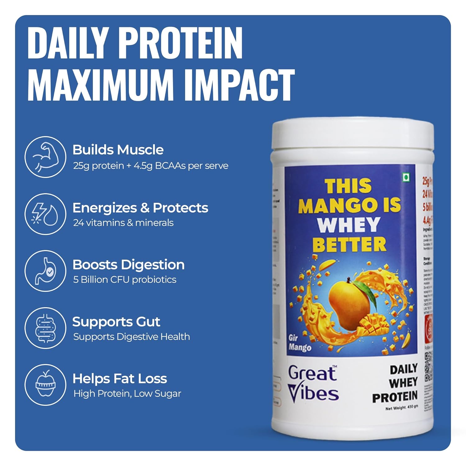 Great Vibes Mango Flavored Whey Protein Concentrate | 25g Protein, 4.5g BCAA & 5B CFU Probiotics & Digestive Enzymes | Zero Sugar Protein Powder for Men & Women For Muscle Gain, Weight Loss & Gut Health