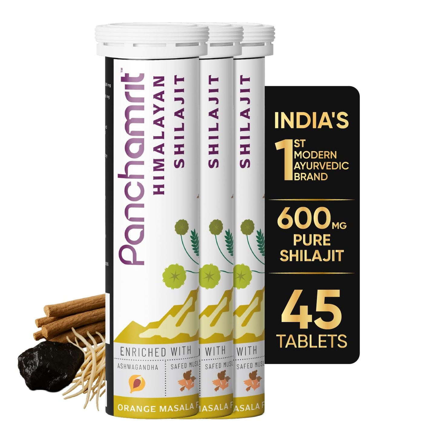 Panchamrit Pure Himalayan Shilajit Effervescent Tablets | 600mg Shilajeet Supplement for Men & Women | Stamina & Energy Booster | 100% Ayurvedic | Ashwagandha, Safed Musli |15 Tablets, Pack of 4