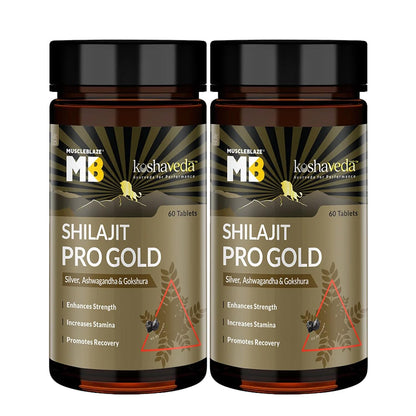 Koshaveda Shilajit Pro Gold by MuscleBlaze (60 Tablets) | Fortified with 24 Carat Gold, Shilajit, Ashwagandha & Gokshura | For Strength, Stamina & Recovery