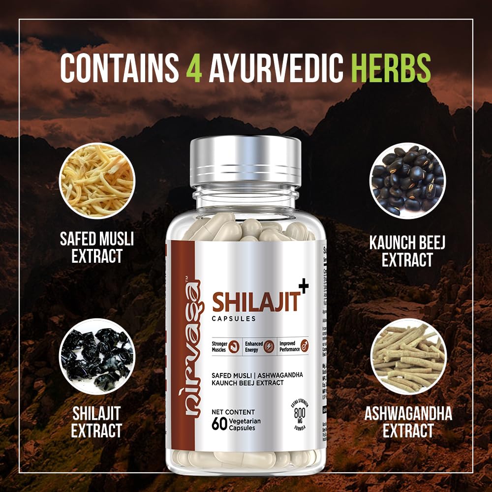 Nirvasa Pure Shilajit/Shilajeet (800mg) 3x60 Capsules | Boost Strength, Stamina, Energy & Immunity | Supports Vitality, Performance & Muscle Growth | Ashwagandha, Safed Musli & Kaunch Beej (Pack of 3)
