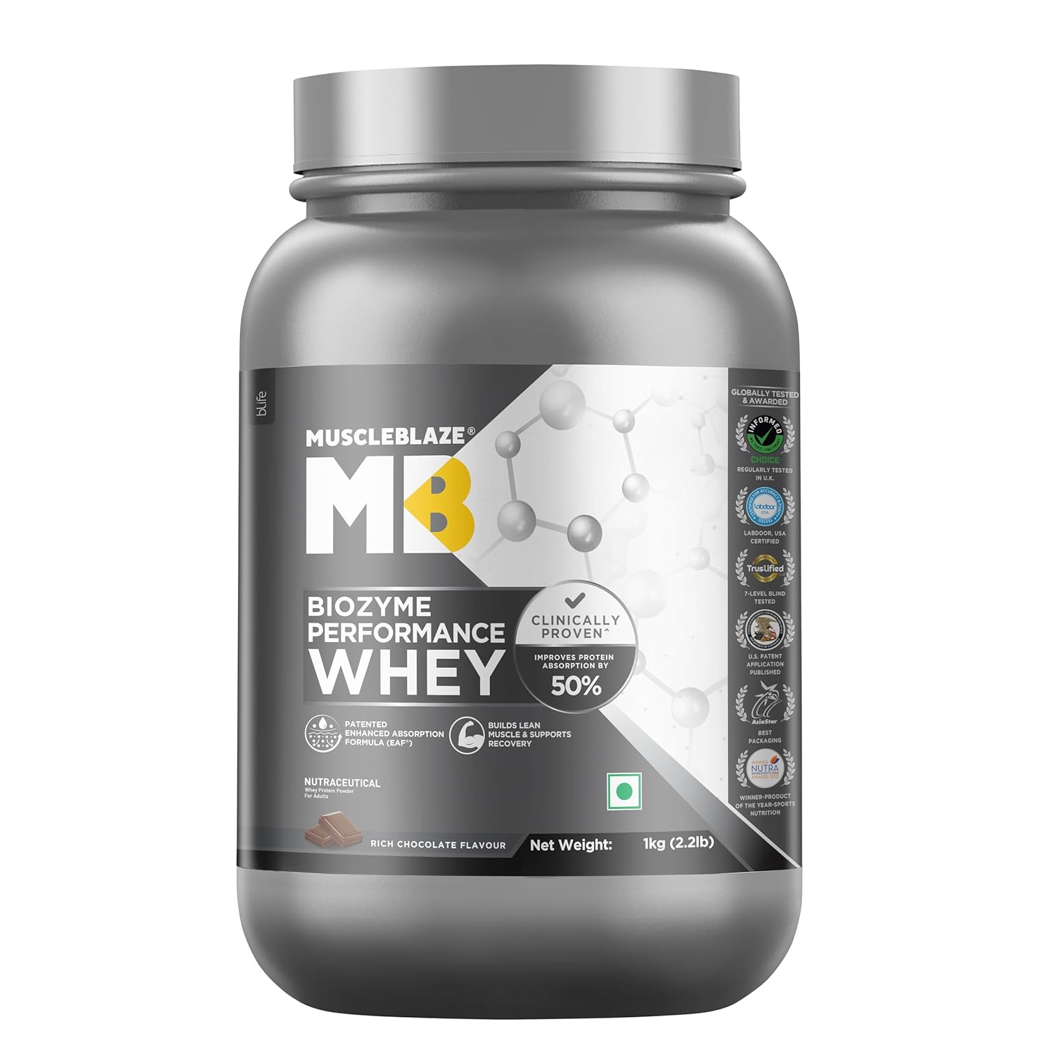 MuscleBlaze Biozyme Performance Whey Protein Powder, Rich Chocolate (1kg / 2.2lbs) | 25g Protein Per Scoop | Clinically Tested 50% Higher Protein Absorption