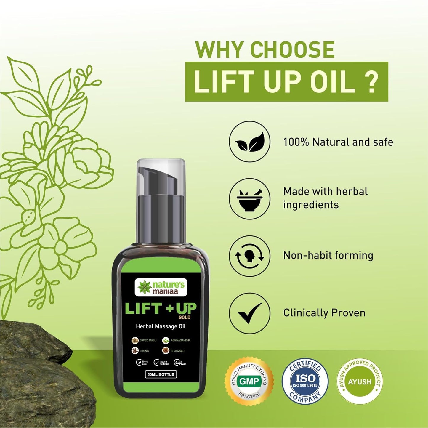 Nature's Maniaa Lift Up Massage Oil for Men | Ayurvedic with Ashwagandha, Safed Musli, Shatavari & Laung Extract (50ml)