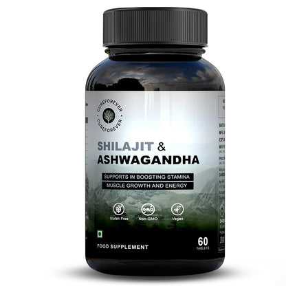 CUREFOREVER Shilajit & Ashwagandha Tablets 1000mg/Serving - Natural Ayurvedic Formula to Support Energy, Muscle Growth & Stamina, Natural Stress Relief Tablets | Himalyan Shilaijt/Shilajeet for Men