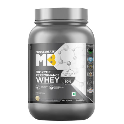 MuscleBlaze Biozyme Performance Whey Protein Powder, Rich Chocolate (1kg / 2.2lbs) | 25g Protein Per Scoop | Clinically Tested 50% Higher Protein Absorption