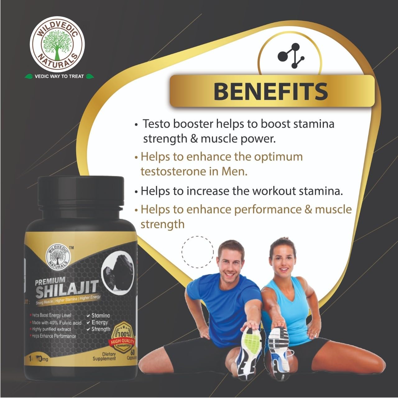 Wildvdic Premium Shilajit 1300mg Caps – 100% Pure Himalayan Extract with 75% Fulvic Acid | Boosts Stamina, Strength & Testosterone | Ayurvedic Energy & Performance Supplement for Men & Women (pack of 2)