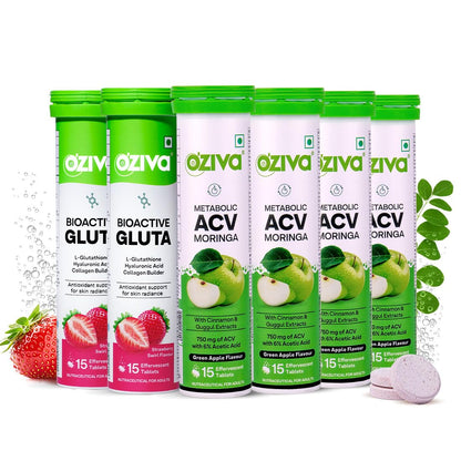 OZiva ACV Moringa | Control Cravings I Apple Cider Vinegar, Cinnamon, Guggul I No Maltodextrin & No Added Sugar I 15 Effervescent Tablets - Green Apple, Pack of 4 (60 tablets).