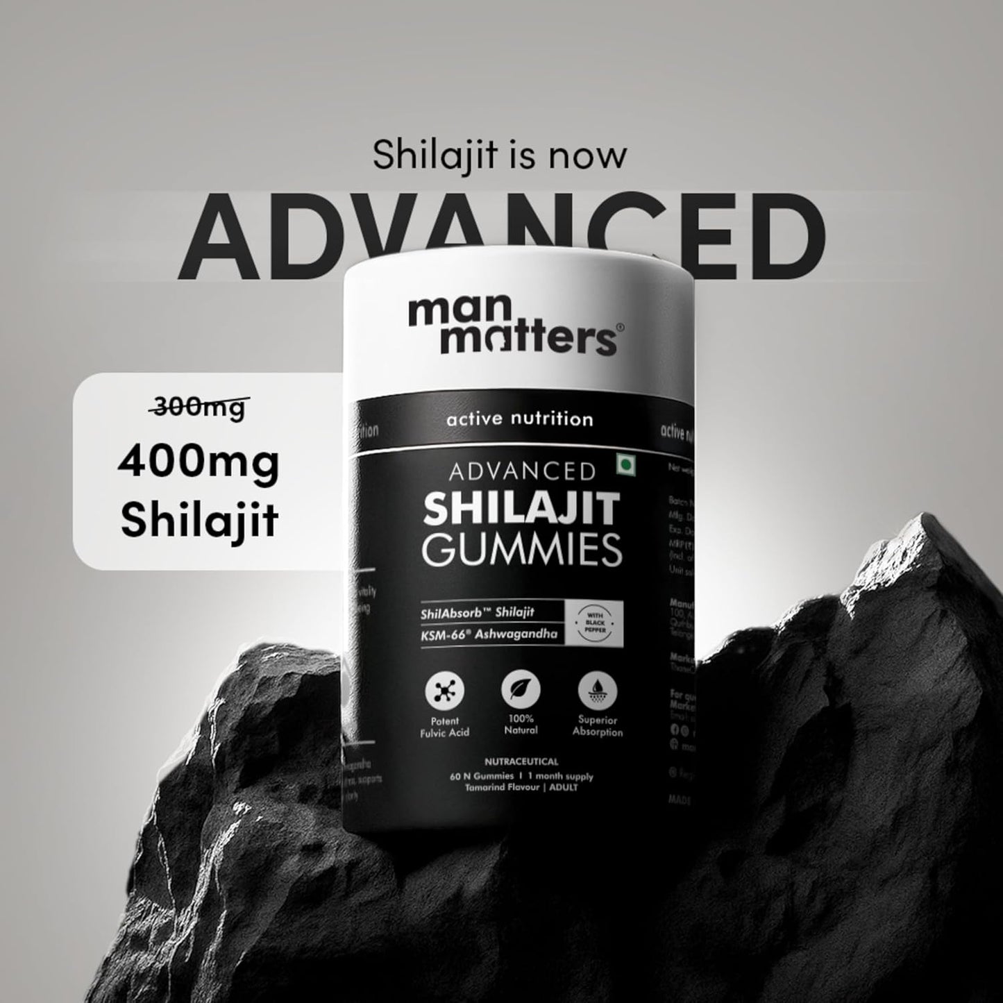 Man Matters Pure Himalayan Shilajit/Shilajeet Gummies Advanced With 75% Fulvic Acid, Ksm 66 Ashwagandha & Black Pepper | Boosts Stamina & Improves Energy Levels | No Added Sugar | Pack Of 60