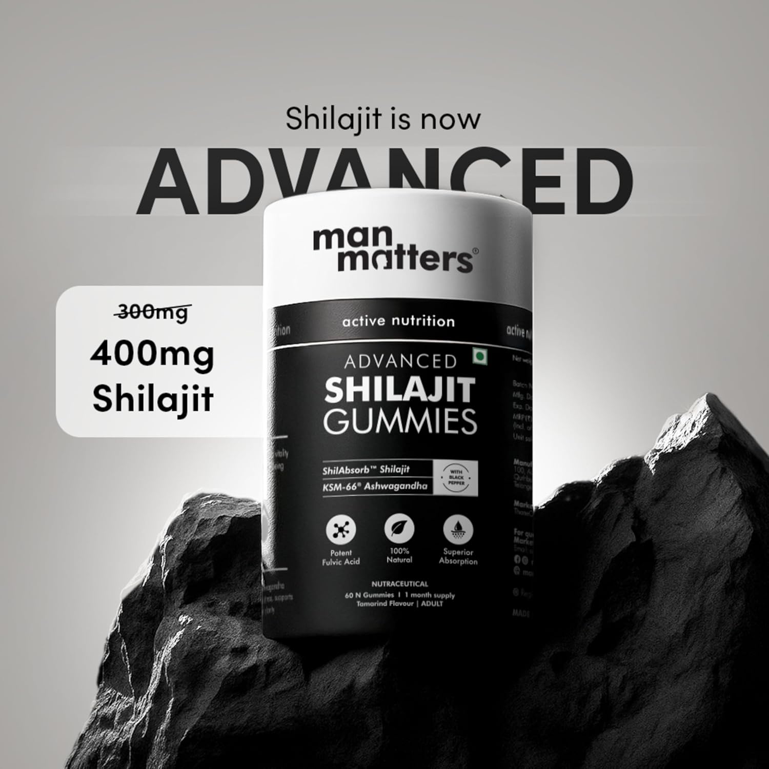 Man Matters Pure Himalayan Shilajit/Shilajeet Gummies Advanced With 75% Fulvic Acid, Ksm 66 Ashwagandha & Black Pepper | Boosts Stamina & Improves Energy Levels | No Added Sugar | Pack Of 60
