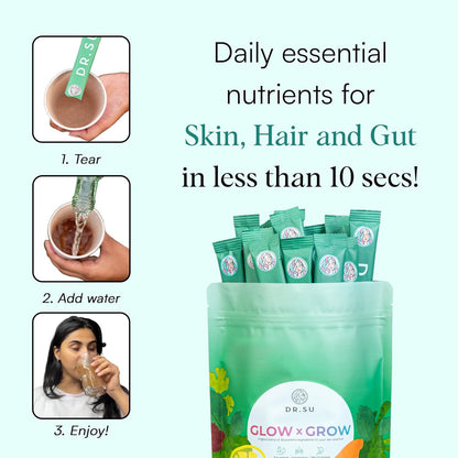 Dr.Su 6-In-1 Supplement Powder | Clear Skin, Strong Hair & Healthy Gut | With Vitamins, Minerals, Antioxidants, Probiotics, Fiber & Adaptogens | Lemon Mint | Sugar-Free | 30 Sachets | Unisex