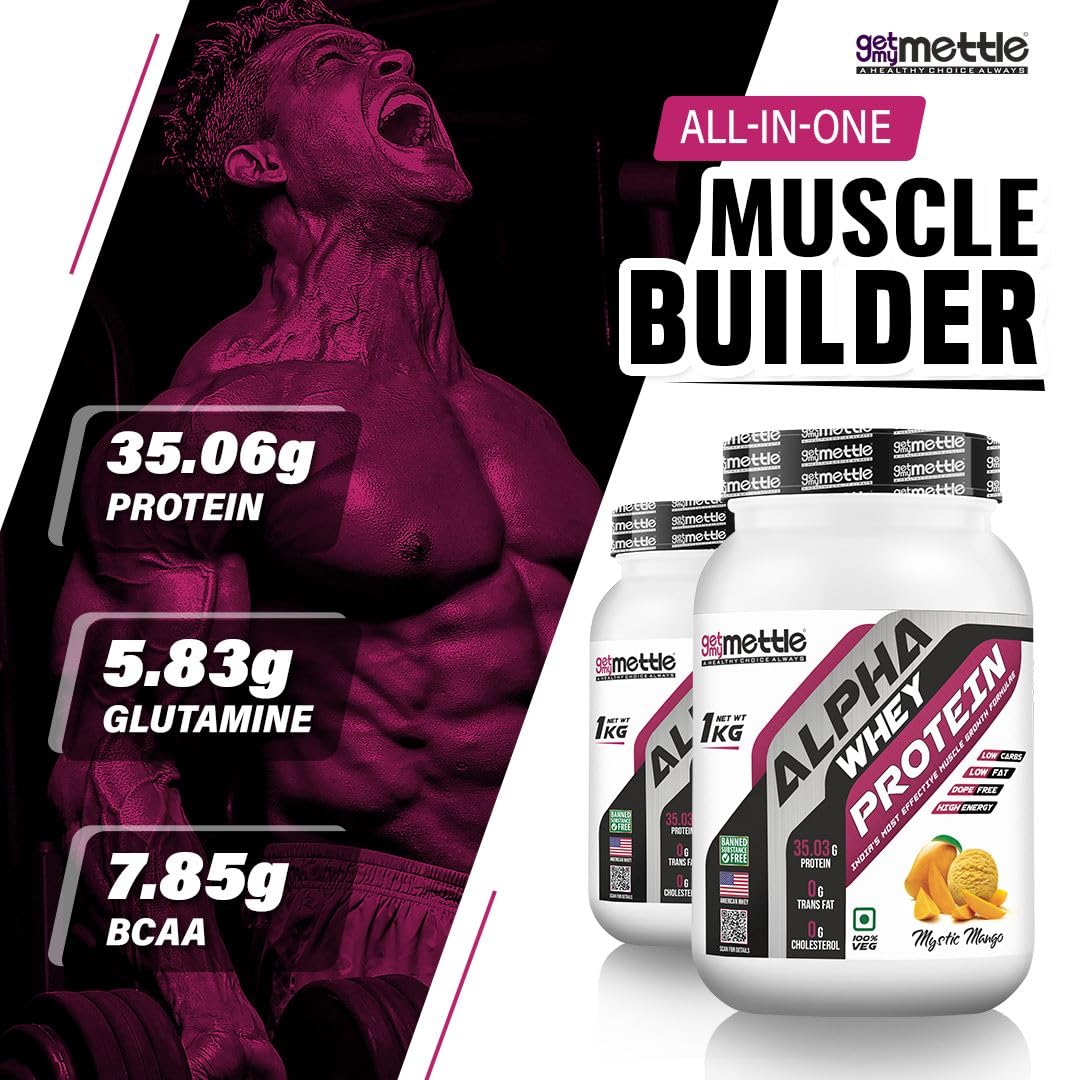 Getmymettle Alpha Whey Protein 1kg Kesar Pista Flavor, 35g Protein Muscle Growth & Rapid Recovery Post-Workout. Budget Friendly, USA Imported Whey