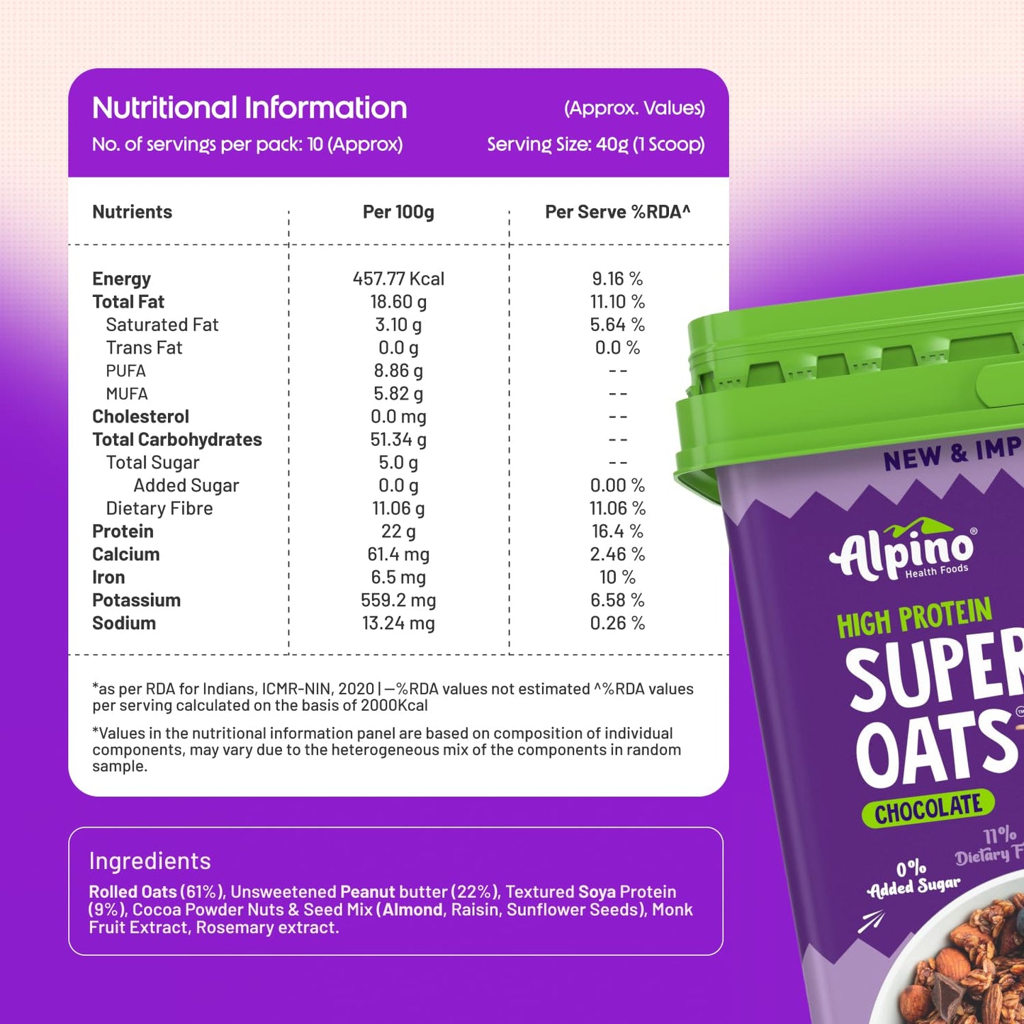 ALPINO 22% High Protein Super Oats Chocolate 2.5kg – Rolled Oats, Natural Peanut Butter, Cocoa Powder, Nuts & Seeds – 22g Protein, Source of Dietary Fibre & Healthy Fats, No Added Sugar & Salt